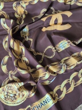 CHANEL Brown and Gold Chain-Print  100% Silk Scarf 35x35"